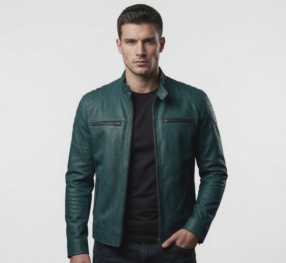 Men’s Teal Genuine Leather Cafe Racer Jacket – Slim Fit Biker Jacket