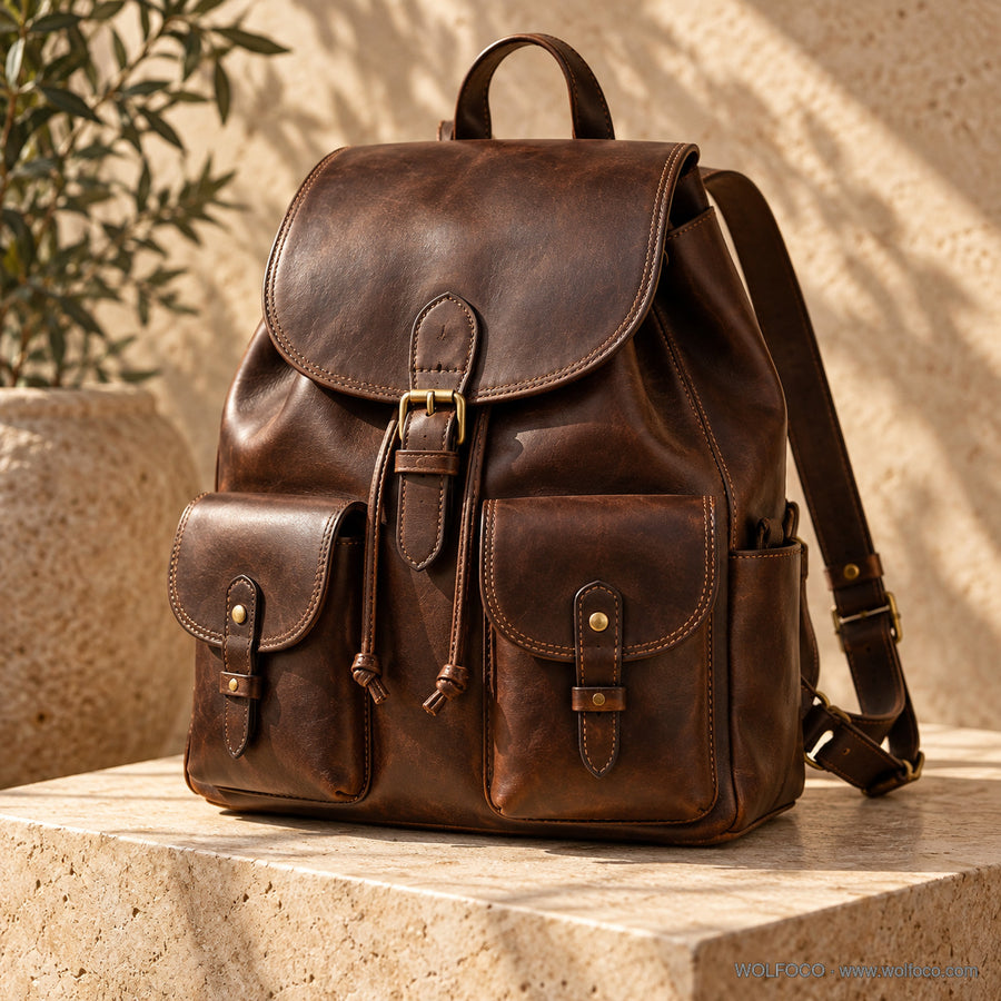 Chocolate leather travel laptop backpack — front product view | Wolfoco