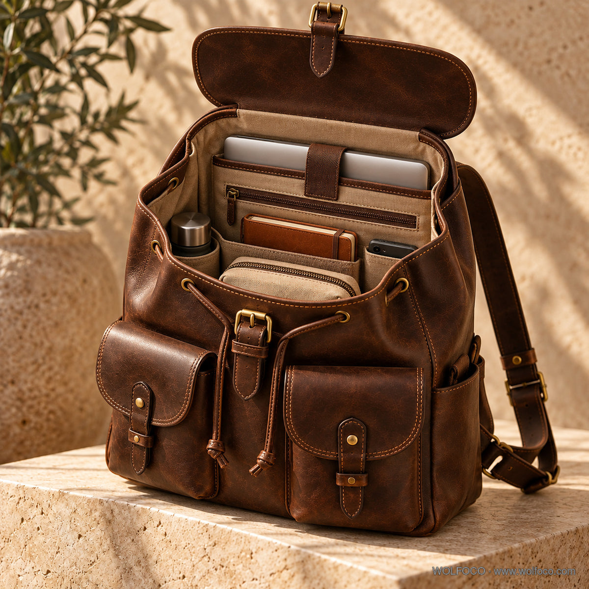 Chocolate leather travel laptop backpack — construction and interior details | Wolfoco