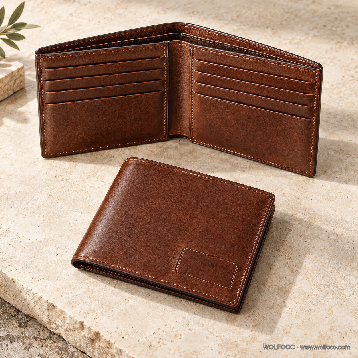Personalized chestnut leather bifold wallet — front product view | Wolfoco