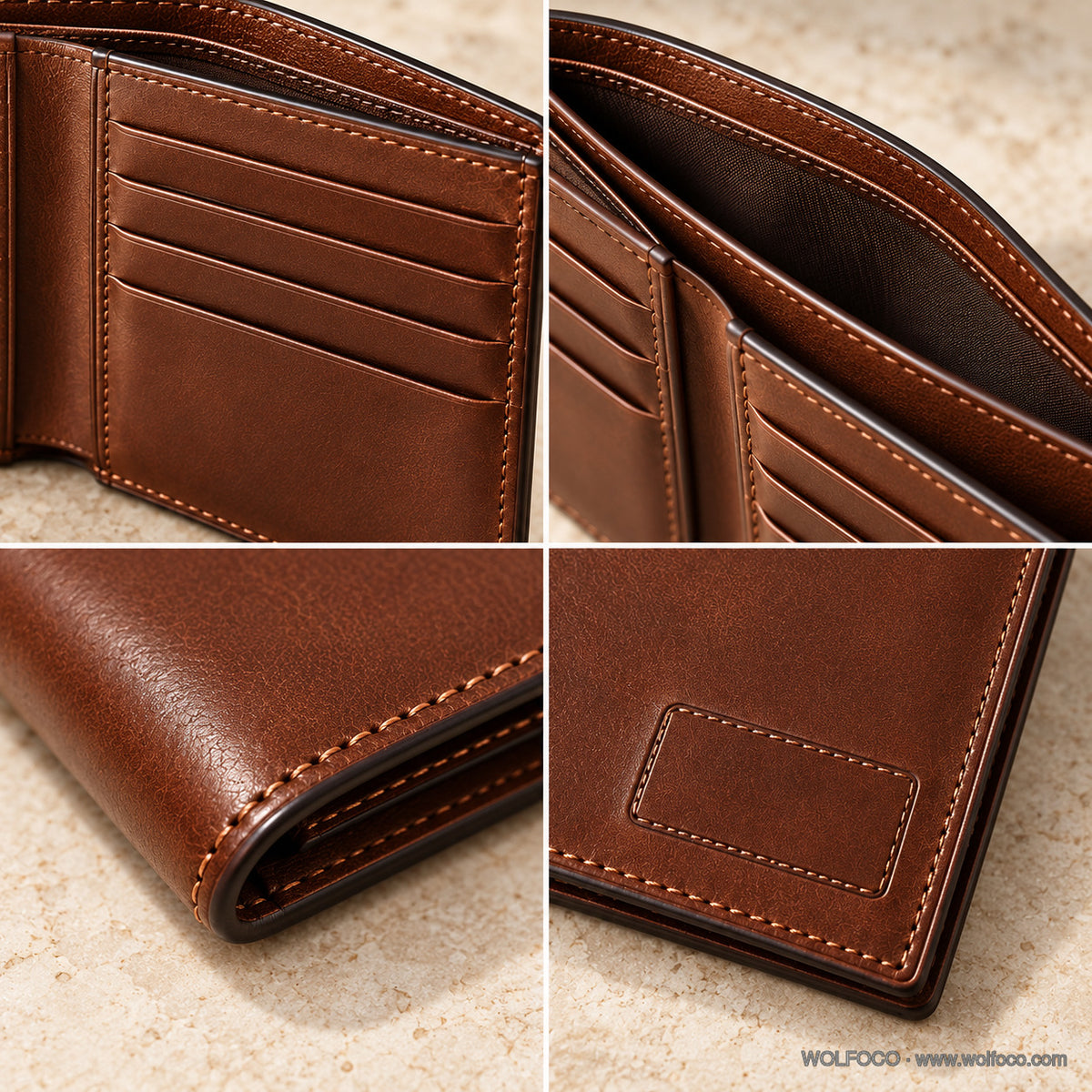 Personalized chestnut leather bifold wallet — construction and interior details | Wolfoco
