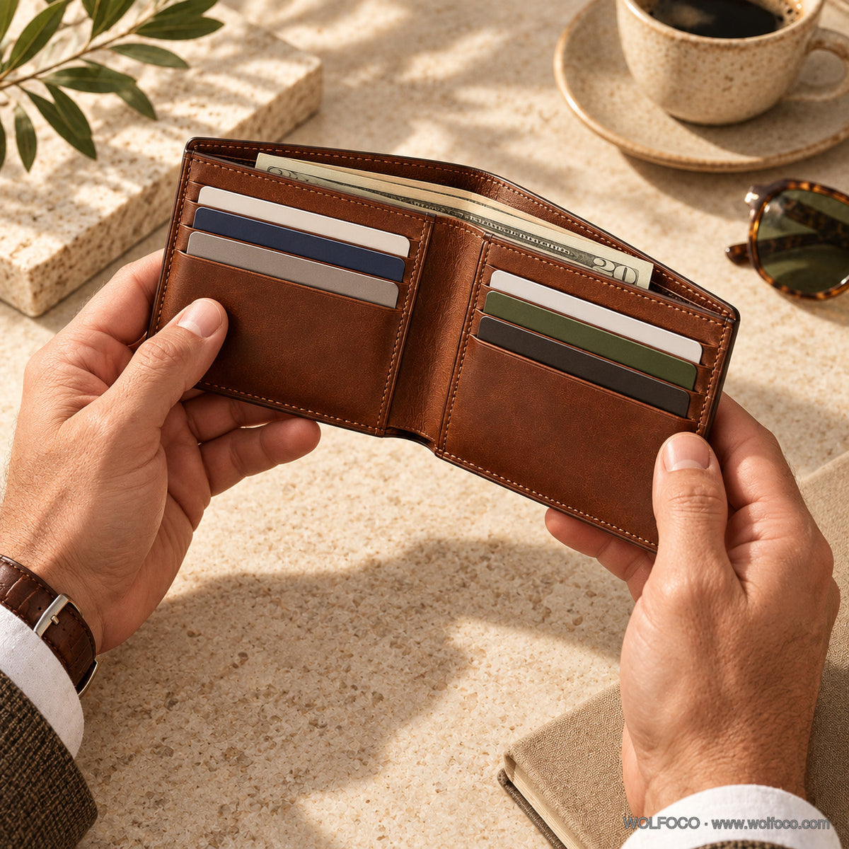 Personalized chestnut leather bifold wallet — worn lifestyle and scale | Wolfoco