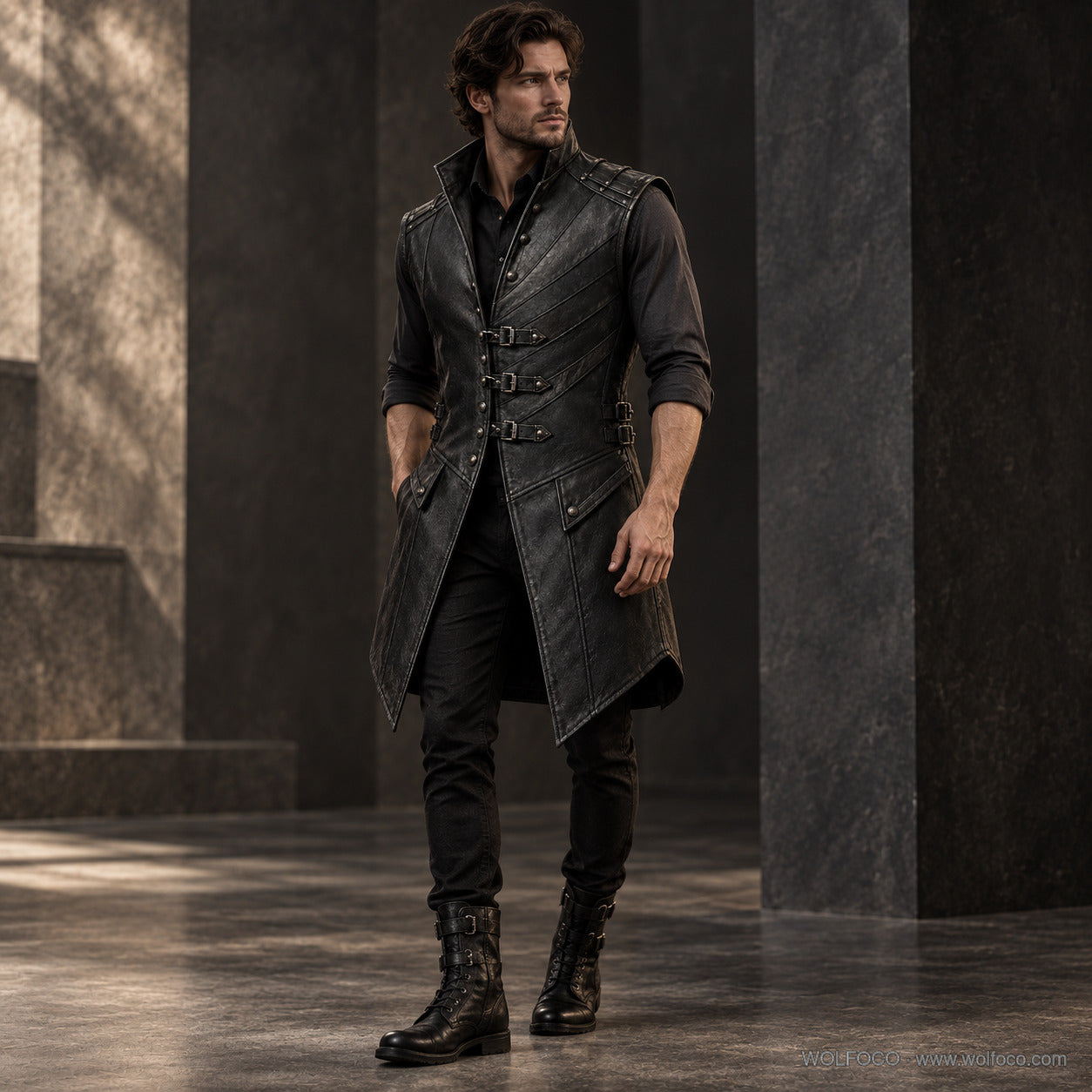 Adult male model wearing Wolfoco black Gothic pirate long leather vest — signature lifestyle