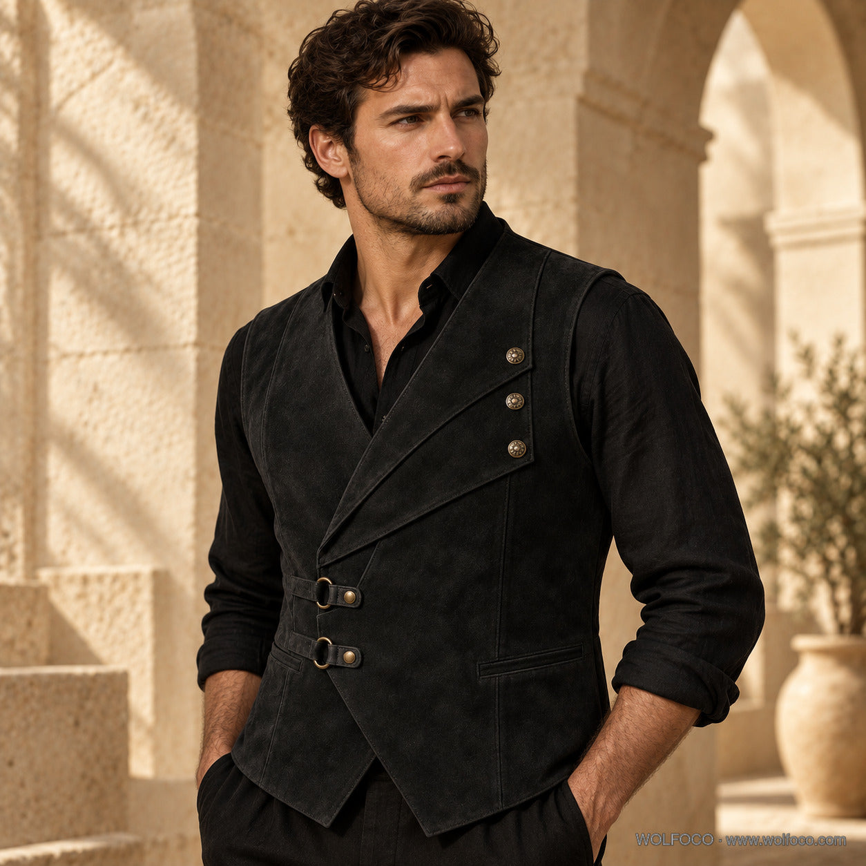 Adult male model wearing Wolfoco premium black suede jerkin — signature lifestyle