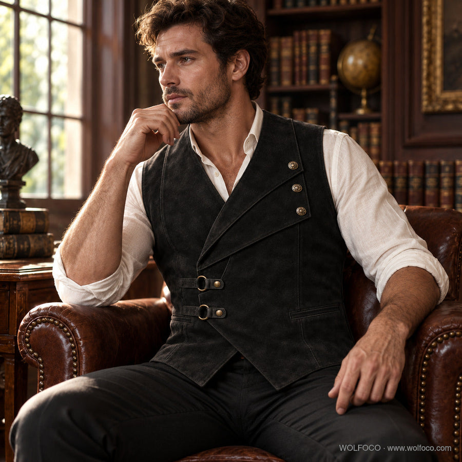 Adult male model wearing Wolfoco premium black suede jerkin — seated editorial