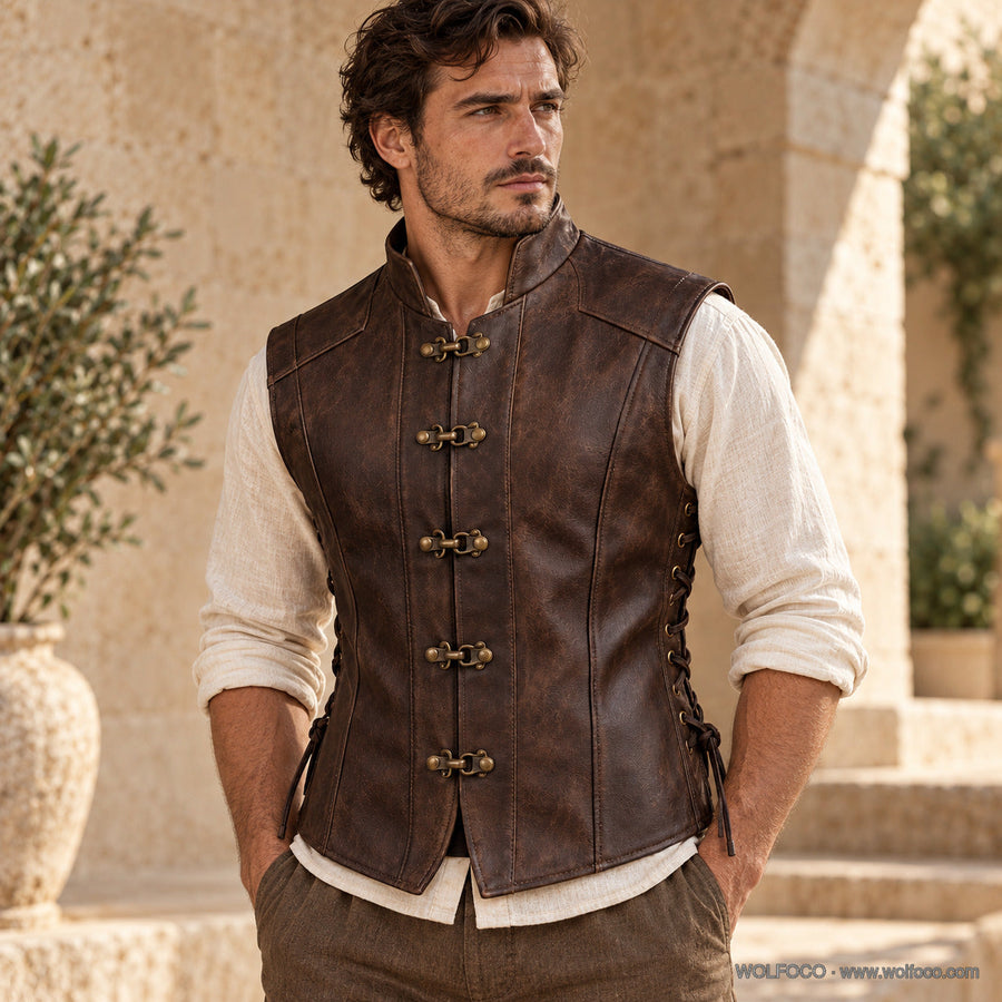 Adult male model wearing Wolfoco walnut medieval leather vest — front fit