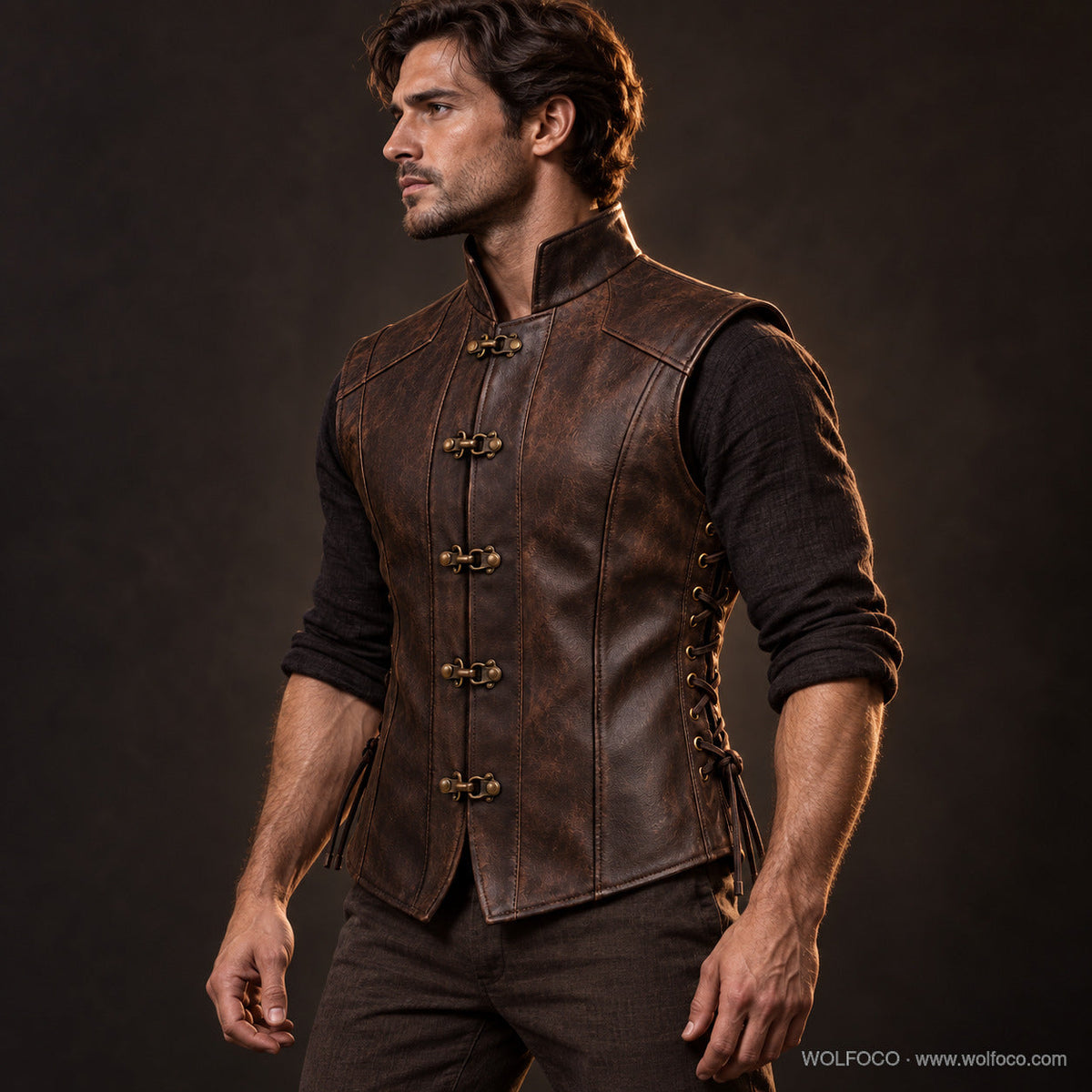 Adult male model wearing Wolfoco walnut medieval leather vest — side-profile studio