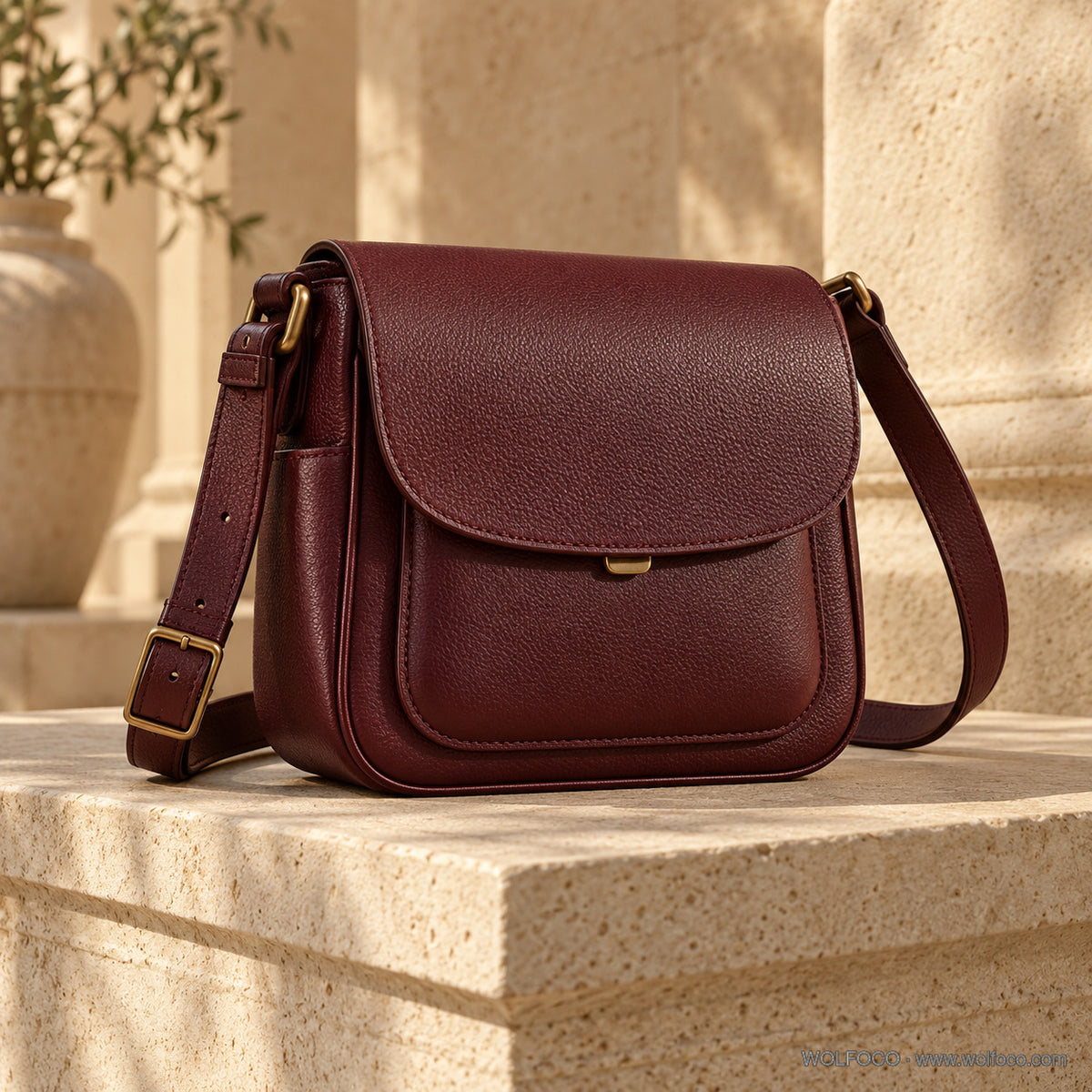 Oxblood leather crossbody satchel — front product view | Wolfoco