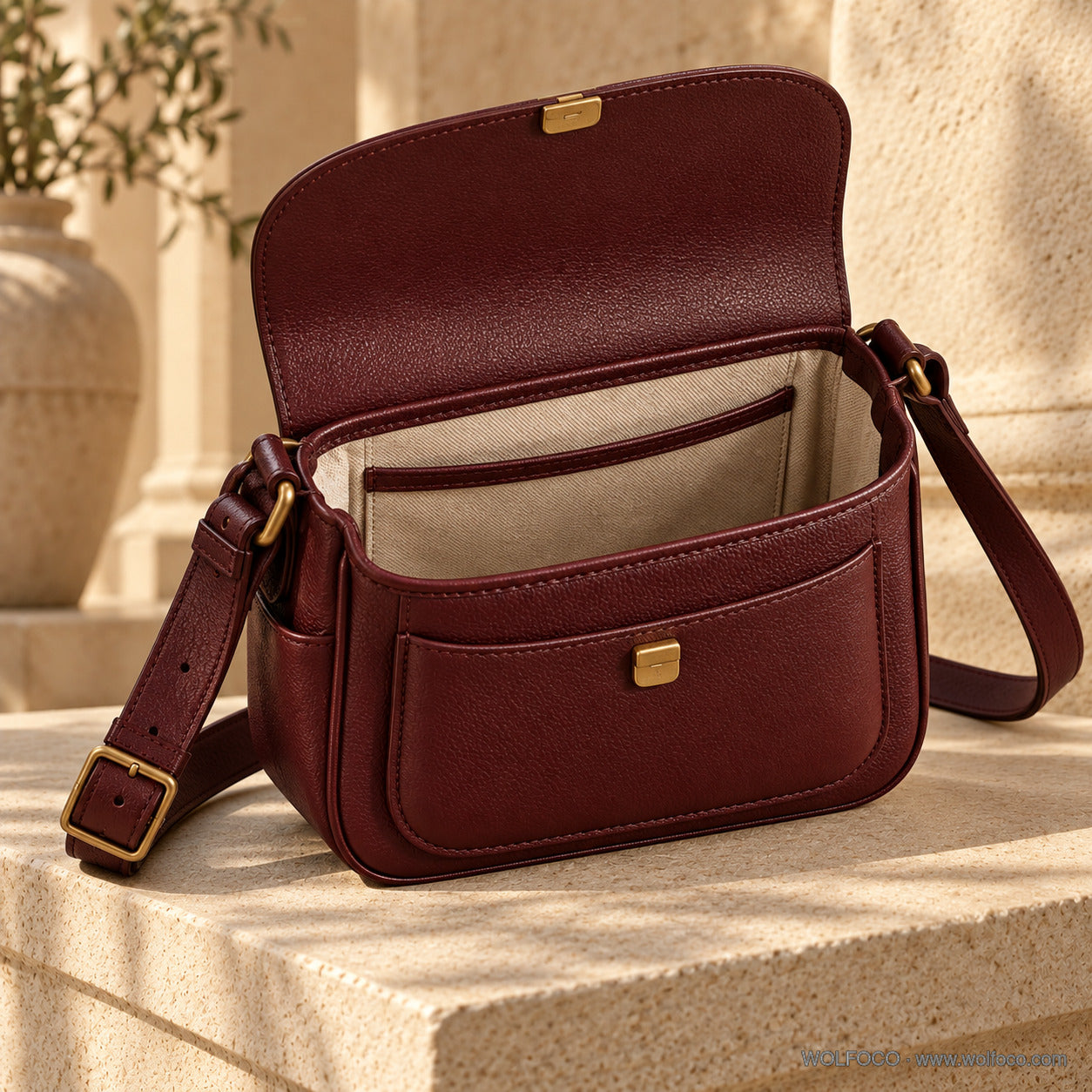 Oxblood leather crossbody satchel — construction and interior details | Wolfoco