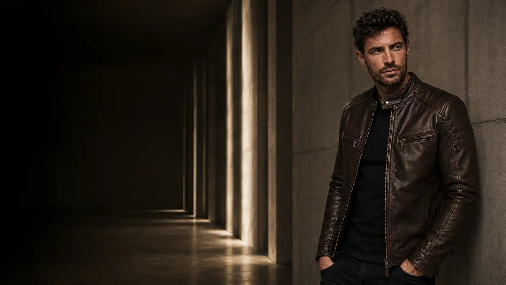 Male model wearing a brown Wolfoco leather cafe racer jacket