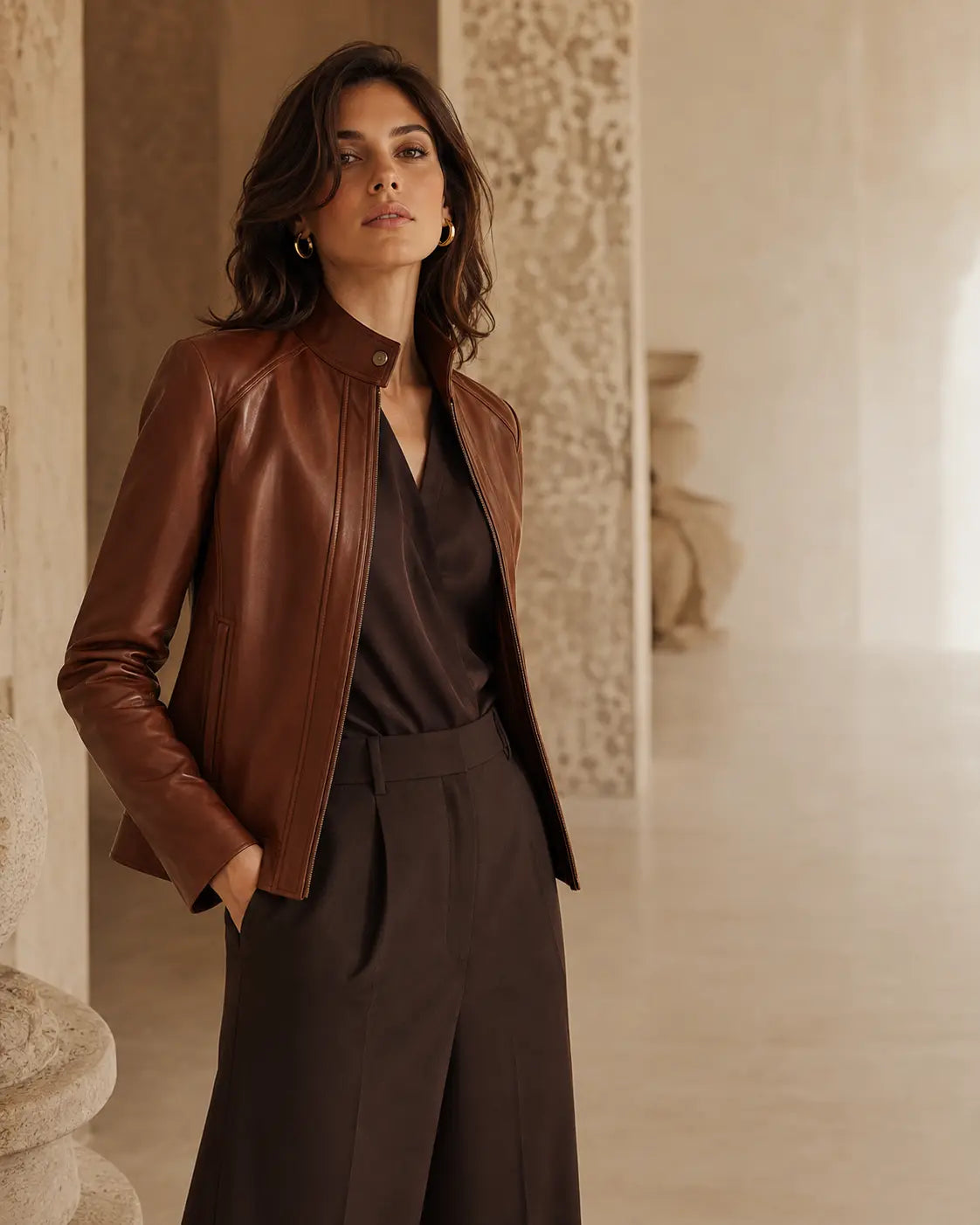 Female model showing Wolfoco custom leather jacket fit