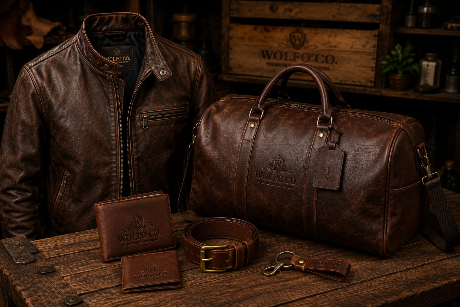 Wolfoco-inspired leather jacket, duffle, wallet and belt collection