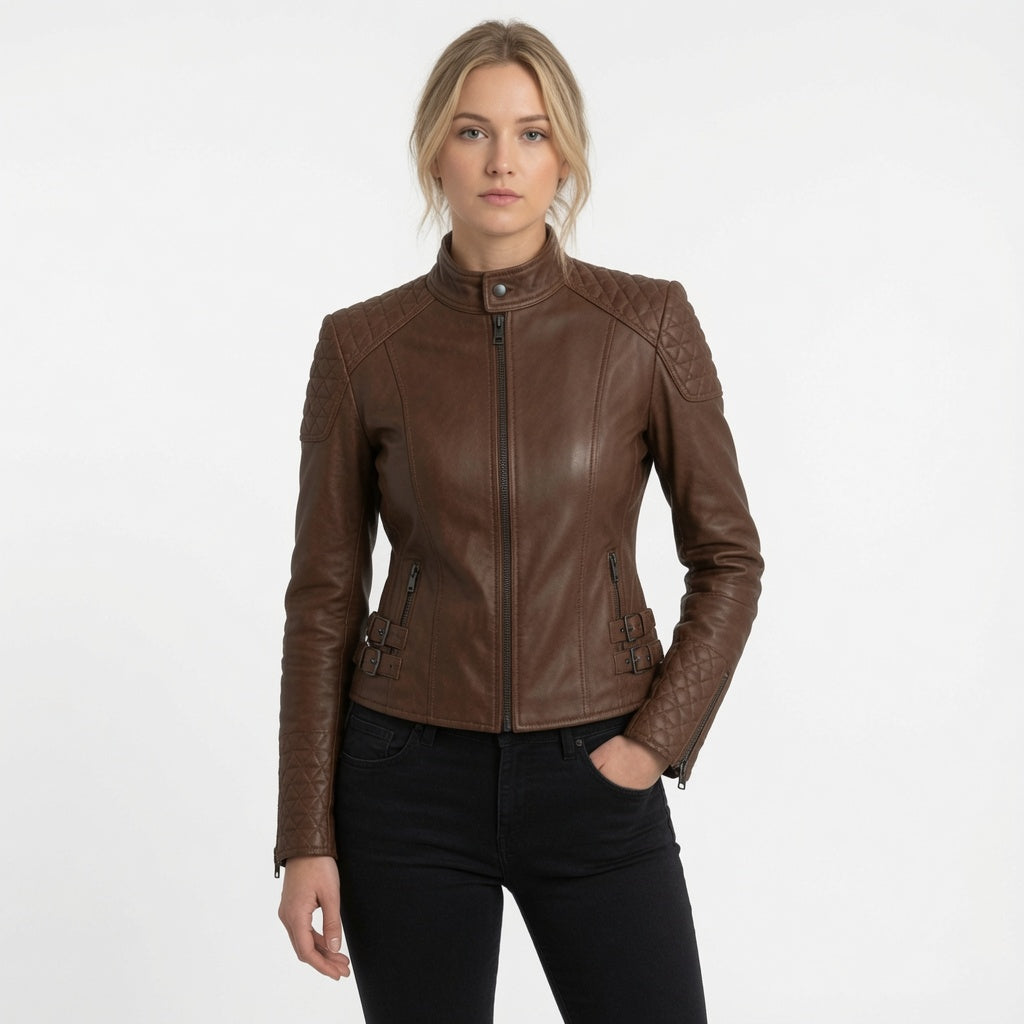 Woman wearing a fitted brown leather jacket