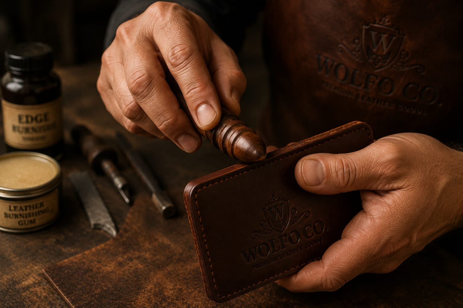 Finishing a brown leather wallet by hand