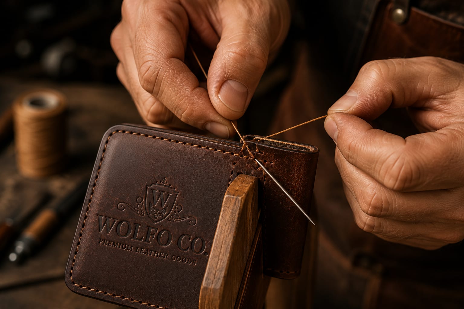Hand stitching a brown leather wallet