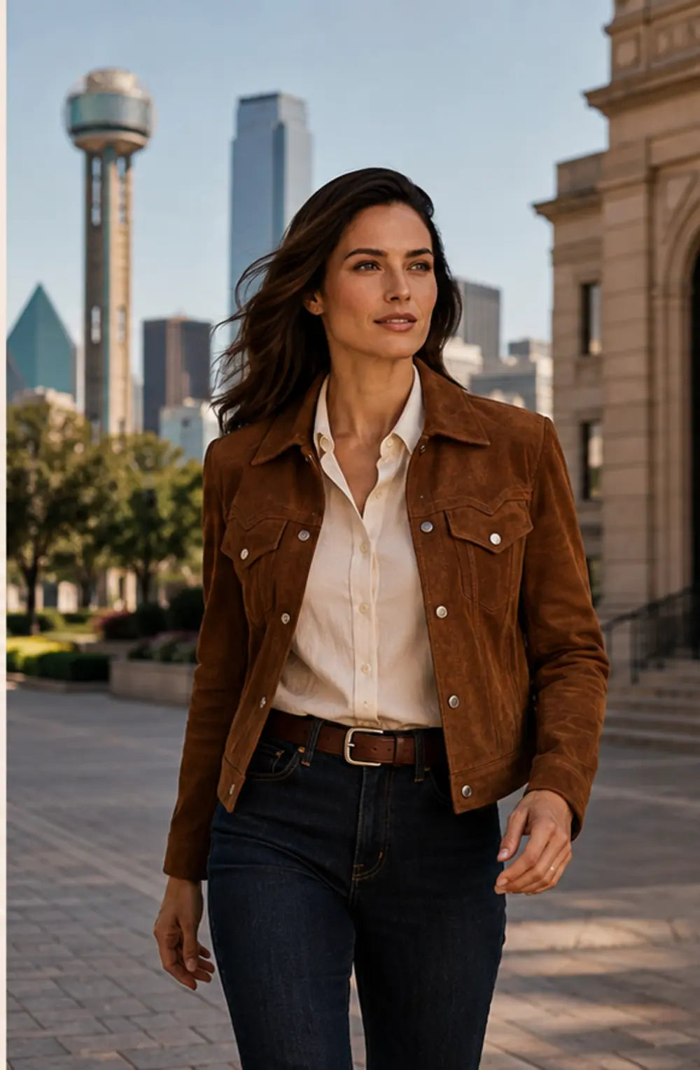 Woman wearing a tobacco suede western-inspired jacket in Dallas