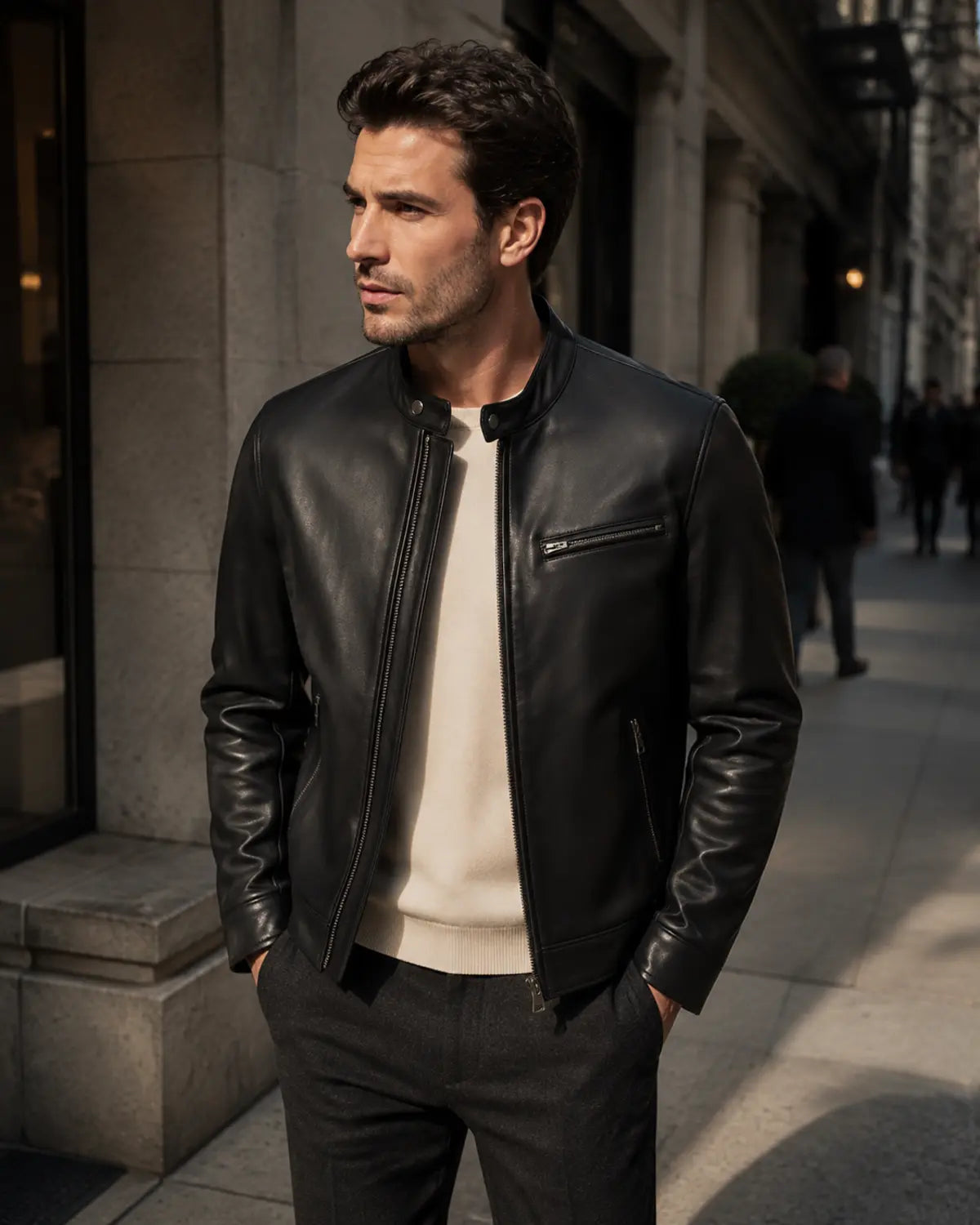 Adult male model wearing the Wolfoco black café racer leather jacket