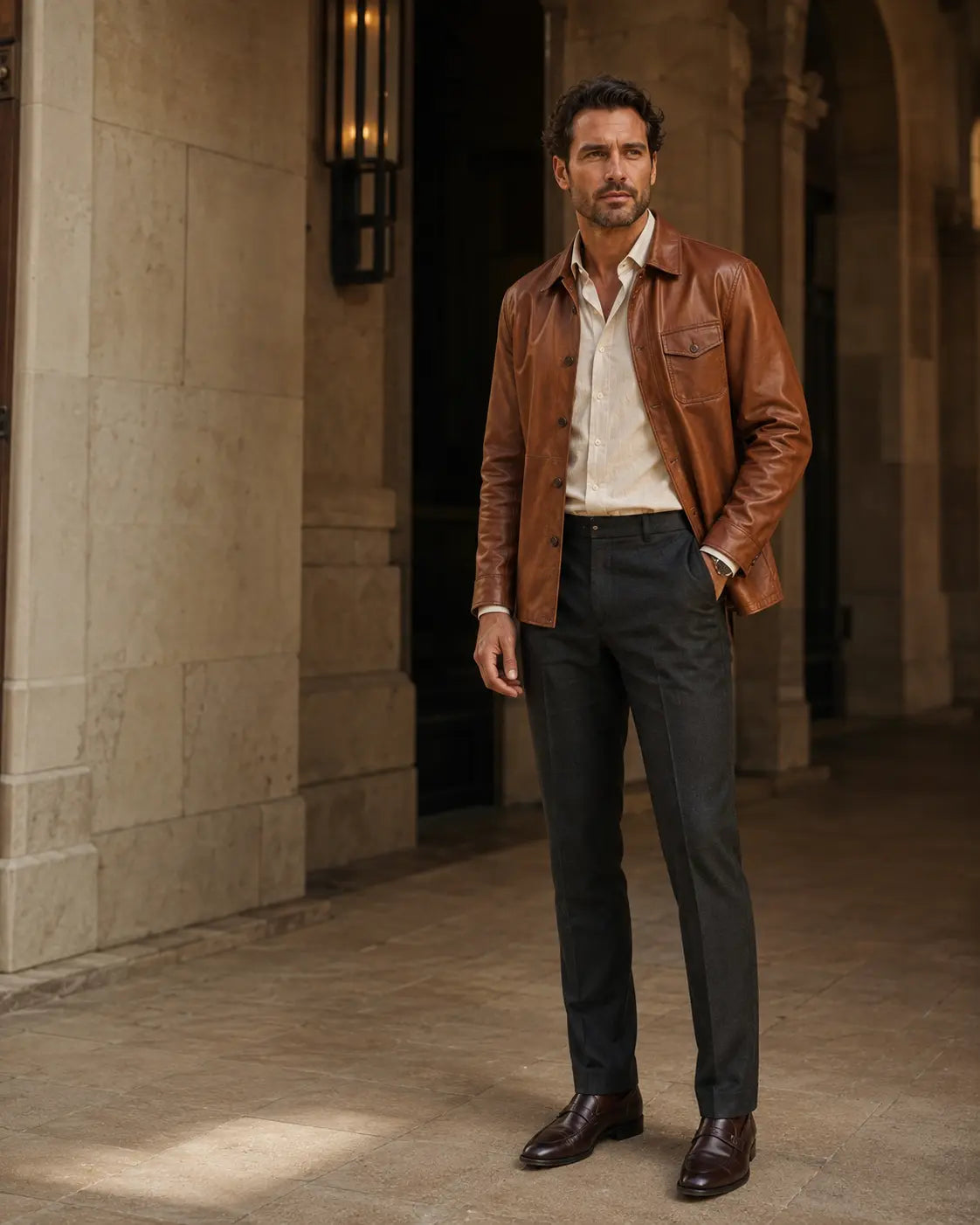 Man wearing a cognac leather overshirt, cream shirt and charcoal tailored trousers