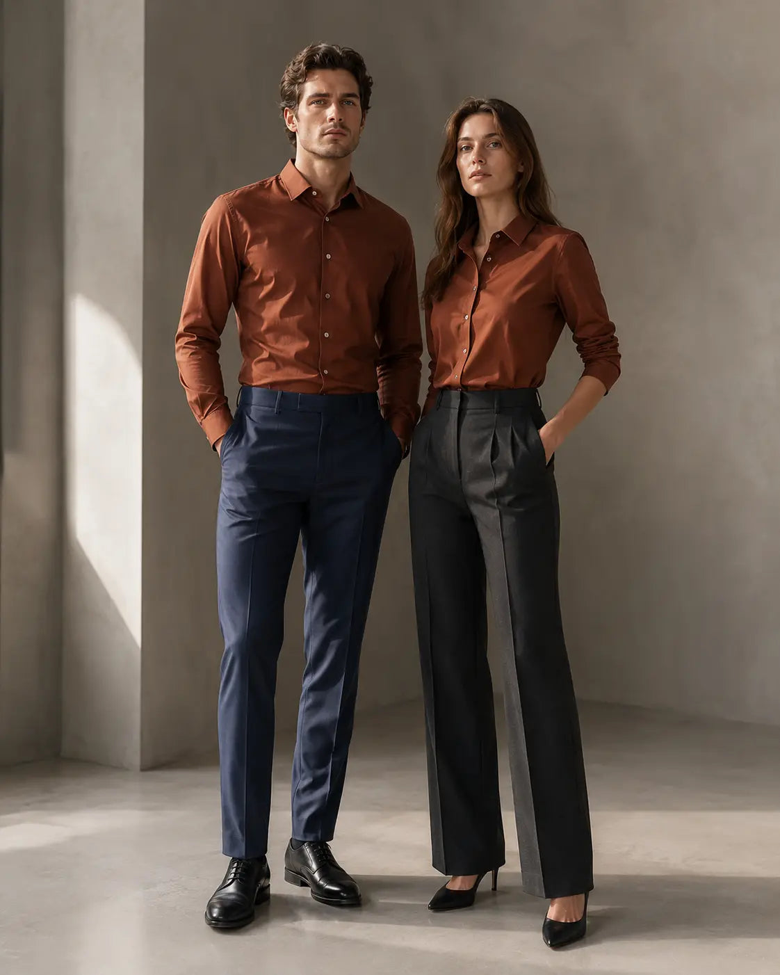 Man and woman wearing coordinated rust shirts with tailored trousers