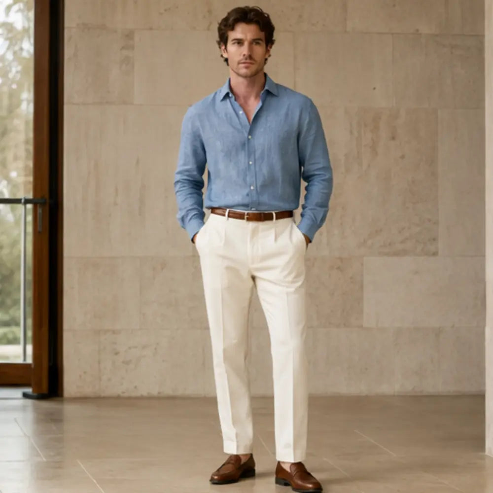 Patina Blue & Warm Ivory custom shirt and tailored trouser combination