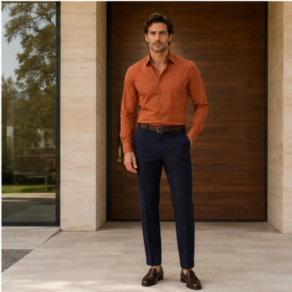 Persimmon & Deep Navy custom shirt and tailored trouser combination