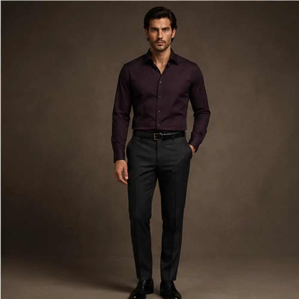Plum Noir & Charcoal custom shirt and tailored trouser combination