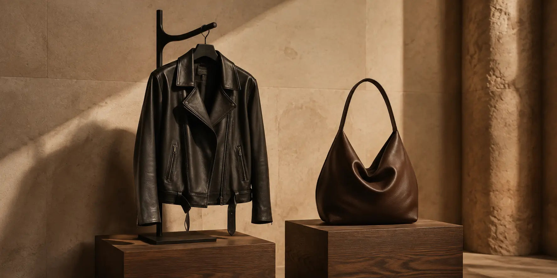 Wolfoco leather jacket and shoulder bag in a warm architectural studio