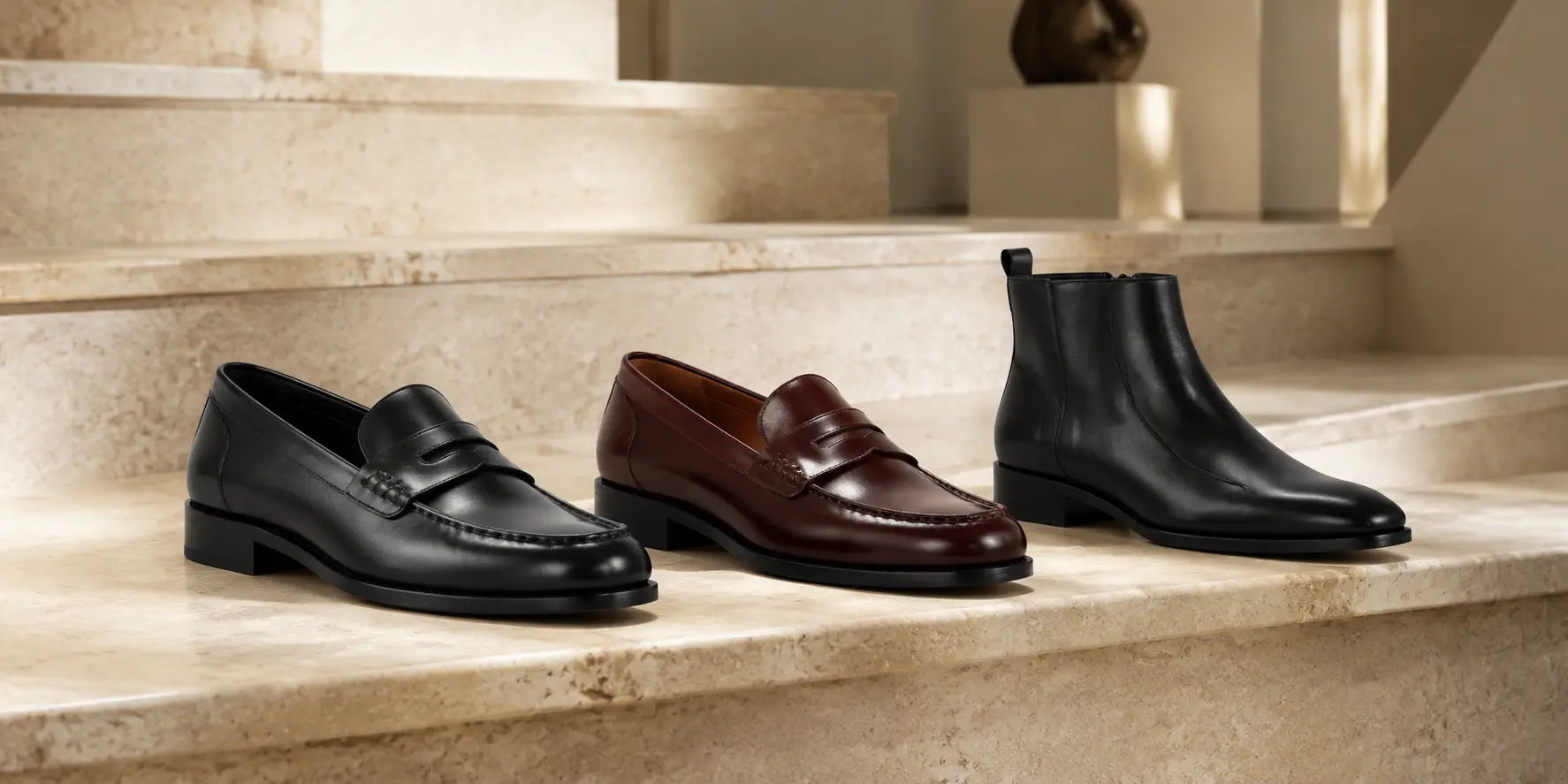Wolfoco black burgundy and ankle leather footwear on travertine steps